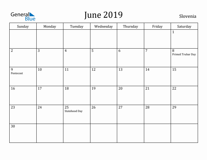 June 2019 Calendar Slovenia