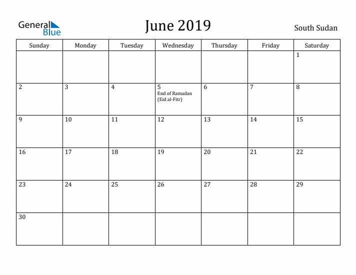 June 2019 Calendar South Sudan