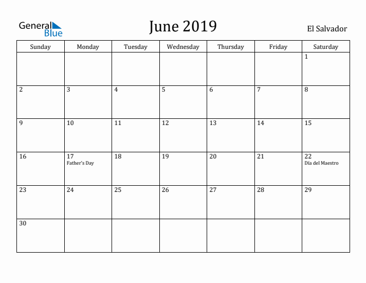June 2019 Calendar El Salvador