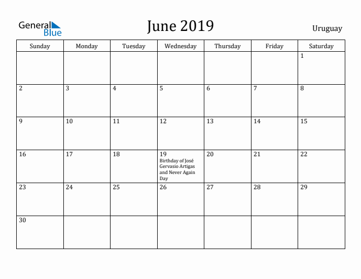 June 2019 Calendar Uruguay