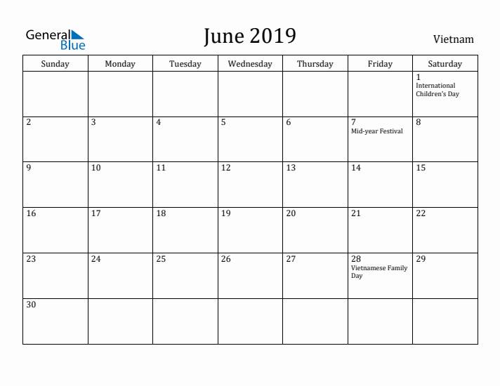 June 2019 Calendar Vietnam