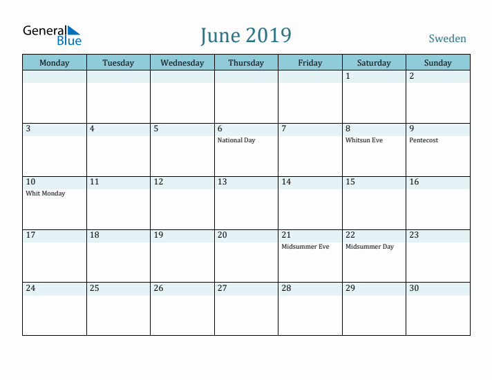 June 2019 Calendar with Holidays