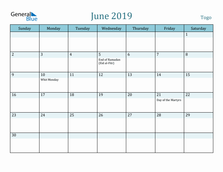 June 2019 Calendar with Holidays