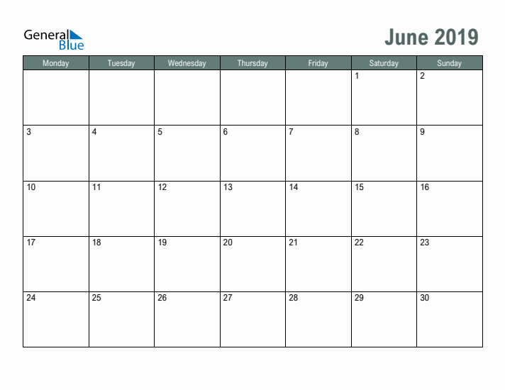 Free Printable June 2019 Calendar