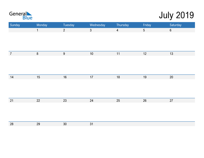  Fillable Calendar for July 2019