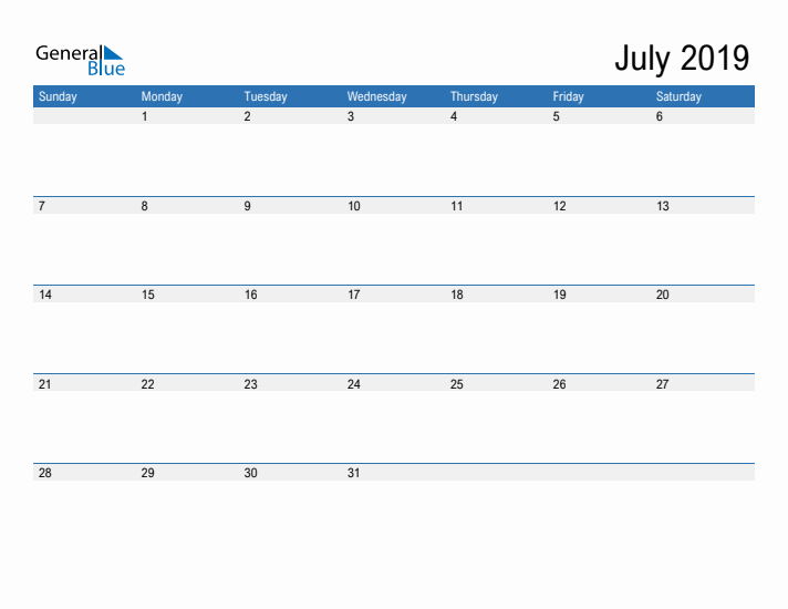 Fillable Calendar for July 2019
