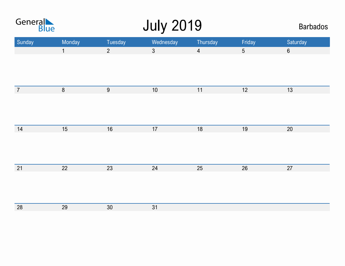 July 2019 Monthly Calendar With Barbados Holidays