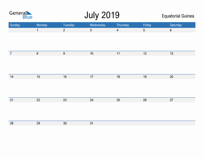 Fillable July 2019 Calendar