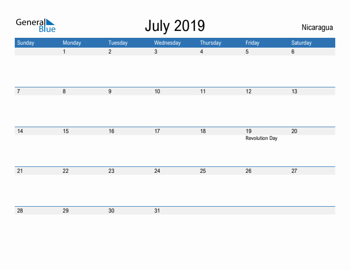 Fillable July 2019 Calendar