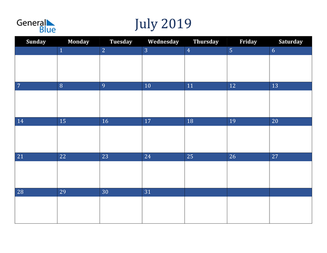  Calendar for July 2019 in PDF, Word and Excel