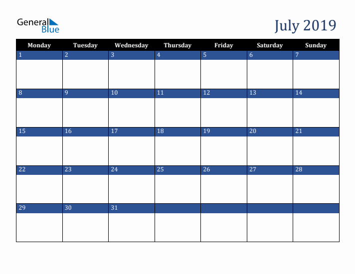 Monday Start Calendar for July 2019