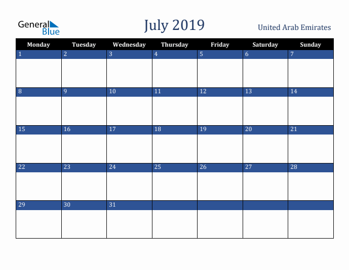 July 2019 United Arab Emirates Calendar (Monday Start)