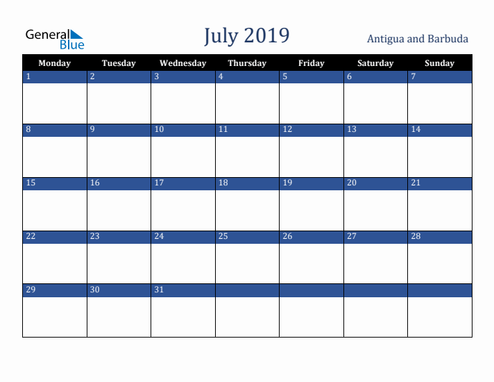 July 2019 Antigua and Barbuda Calendar (Monday Start)