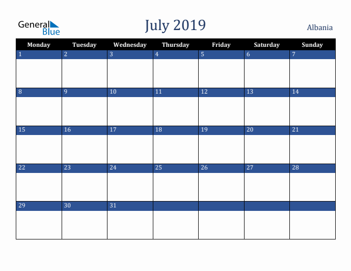 July 2019 Albania Calendar (Monday Start)