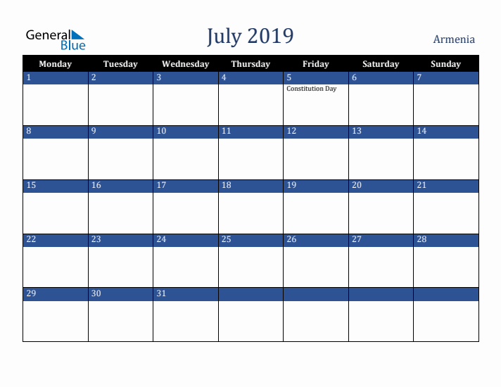 July 2019 Armenia Calendar (Monday Start)