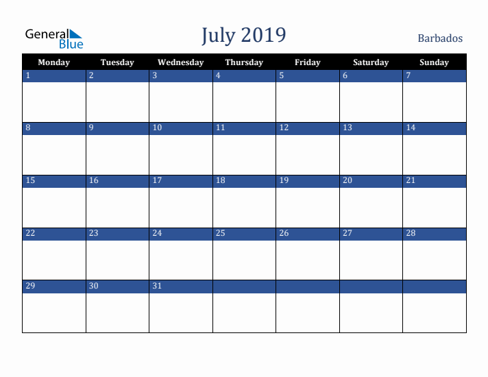 July 2019 Barbados Calendar (Monday Start)