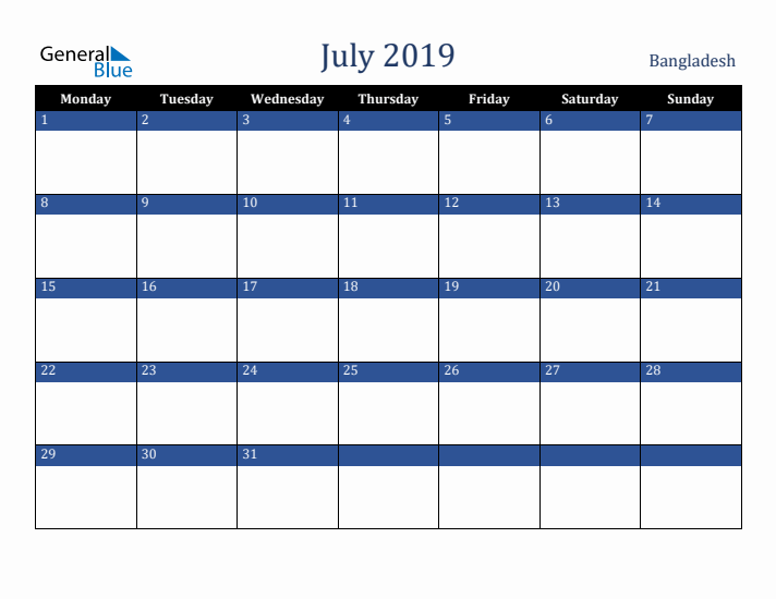 July 2019 Bangladesh Calendar (Monday Start)