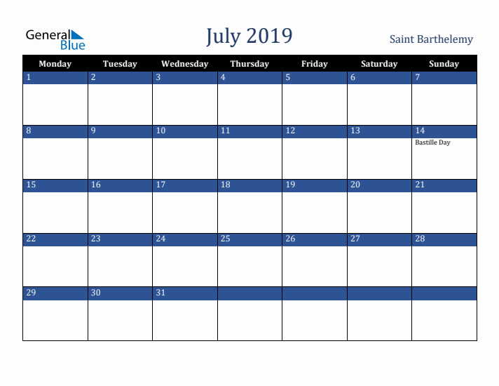 July 2019 Saint Barthelemy Calendar (Monday Start)
