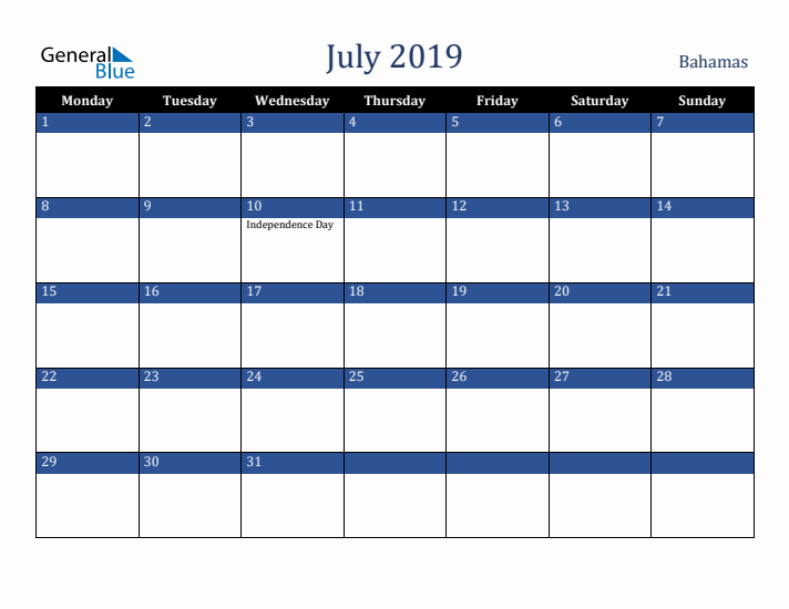 July 2019 Bahamas Calendar (Monday Start)