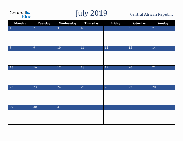 July 2019 Central African Republic Calendar (Monday Start)