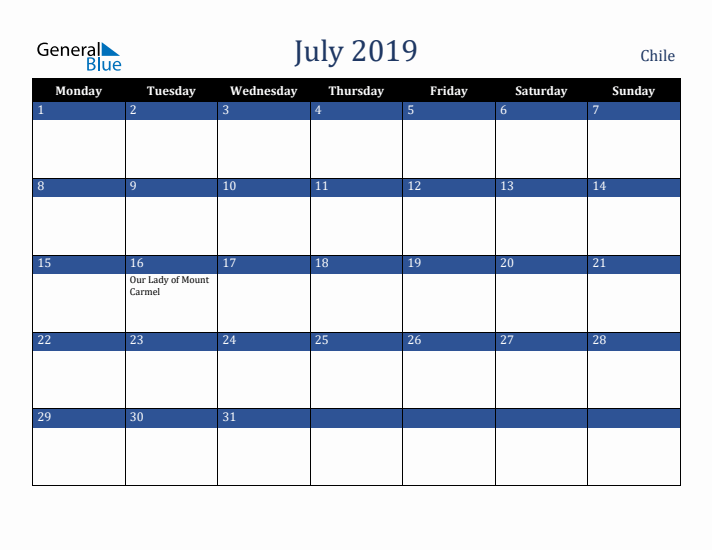 July 2019 Chile Calendar (Monday Start)