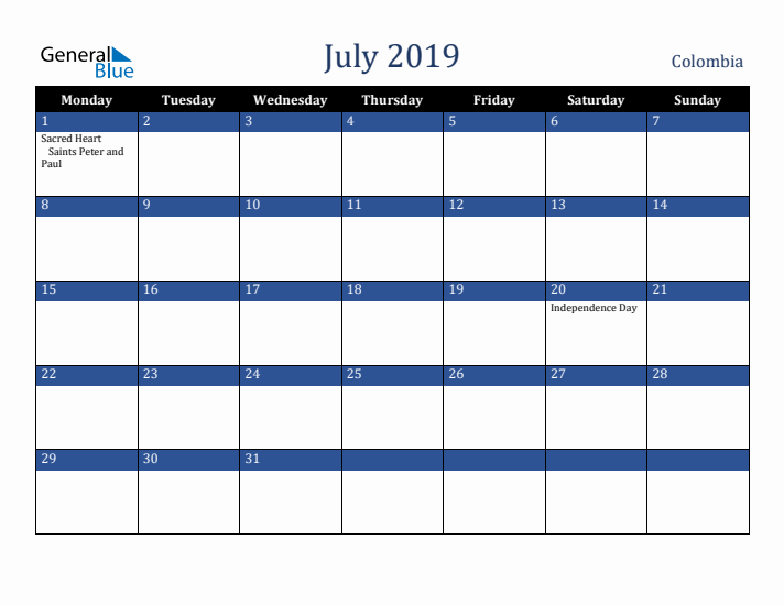 July 2019 Colombia Calendar (Monday Start)