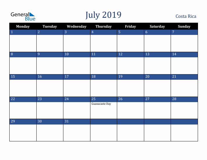 July 2019 Costa Rica Calendar (Monday Start)