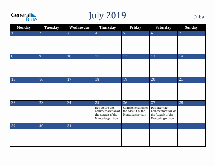 July 2019 Cuba Calendar (Monday Start)
