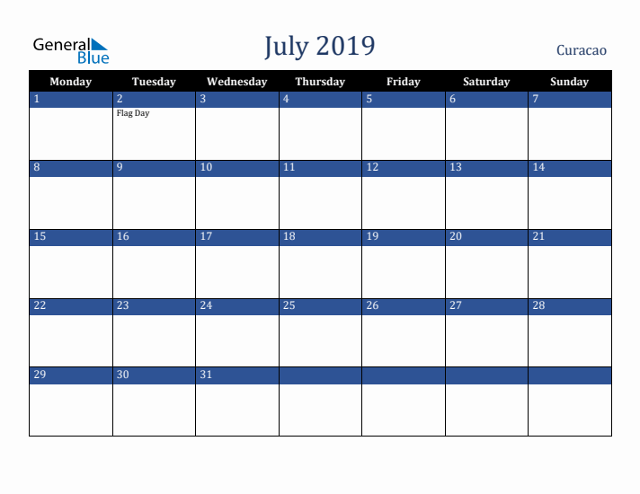 July 2019 Curacao Calendar (Monday Start)