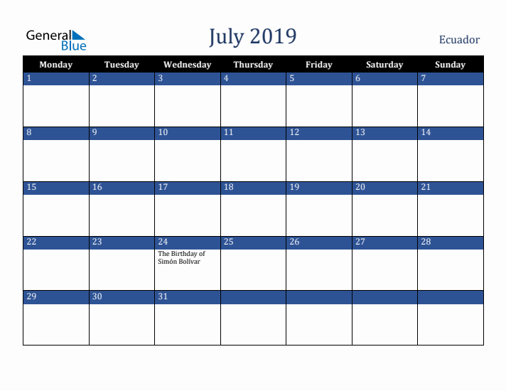July 2019 Ecuador Calendar (Monday Start)