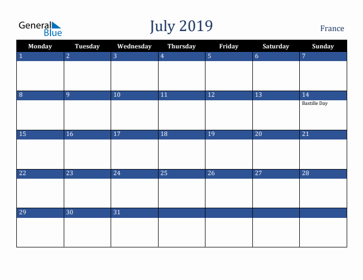 July 2019 France Calendar (Monday Start)