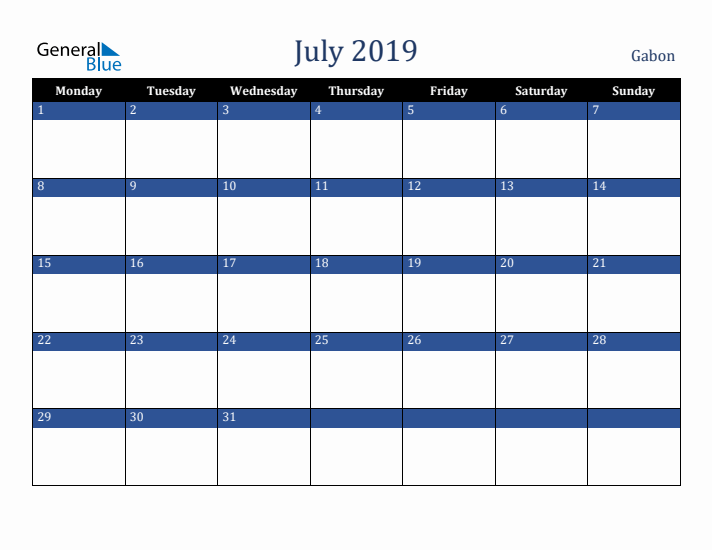 July 2019 Gabon Calendar (Monday Start)