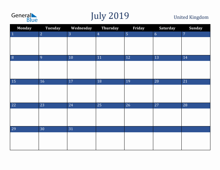 July 2019 United Kingdom Calendar (Monday Start)