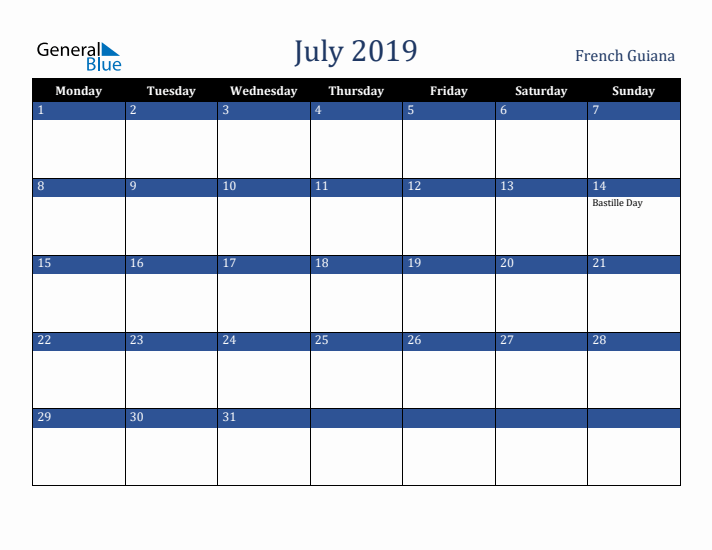 July 2019 French Guiana Calendar (Monday Start)