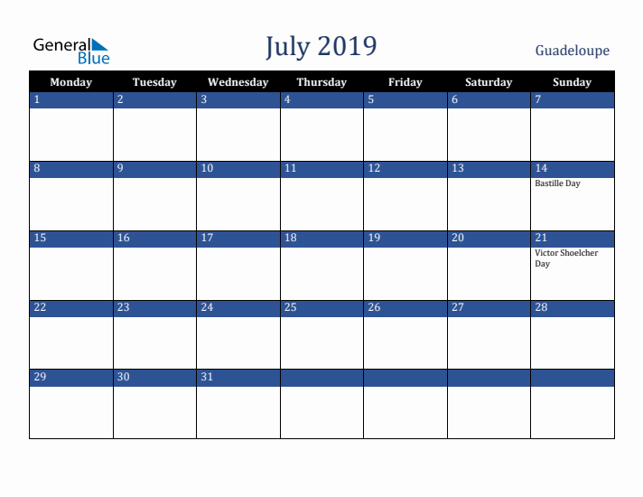 July 2019 Guadeloupe Calendar (Monday Start)