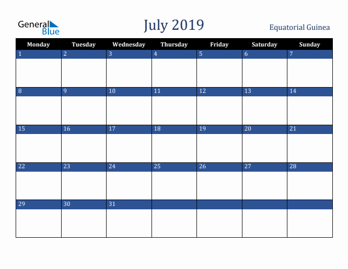 July 2019 Equatorial Guinea Calendar (Monday Start)