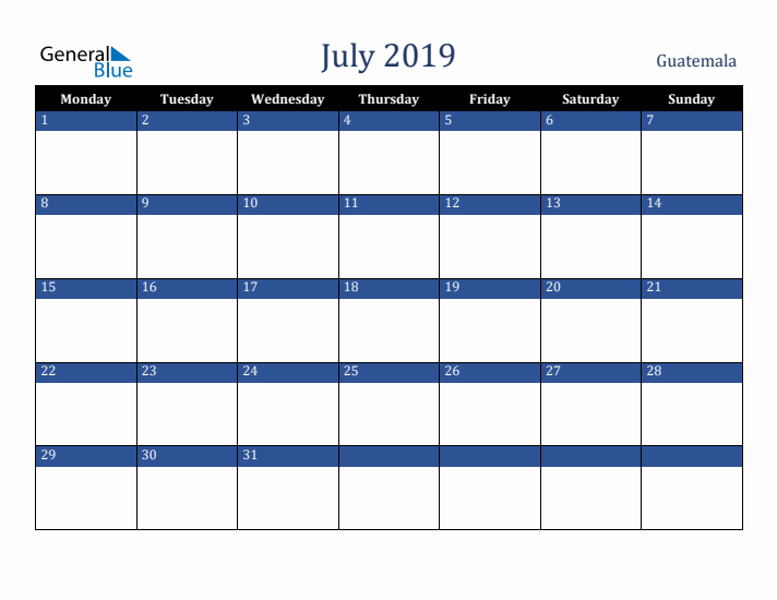 July 2019 Guatemala Calendar (Monday Start)