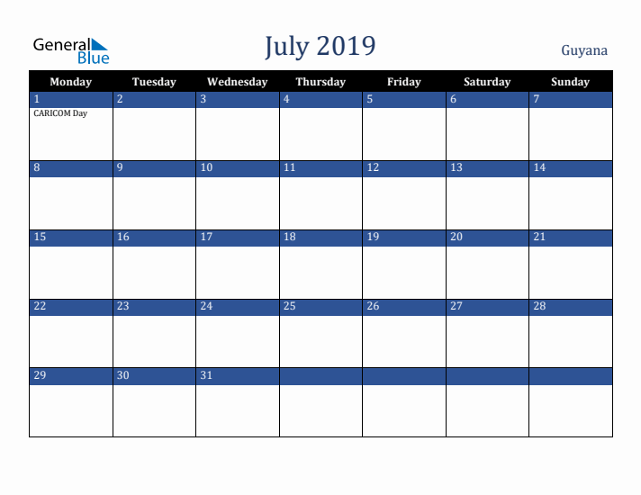 July 2019 Guyana Calendar (Monday Start)