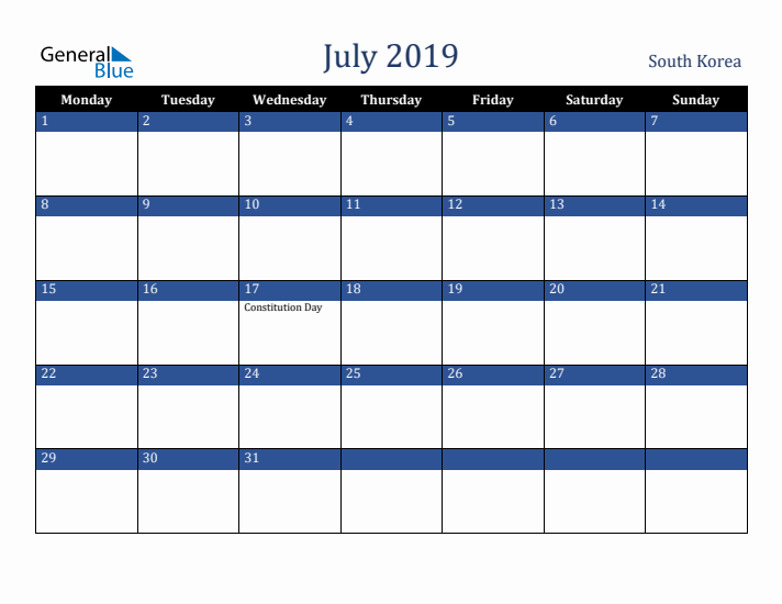 July 2019 South Korea Calendar (Monday Start)