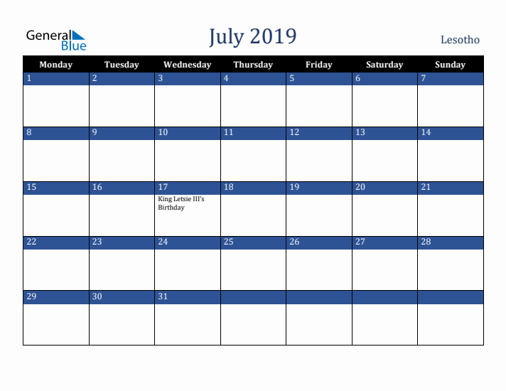 July 2019 Lesotho Calendar (Monday Start)