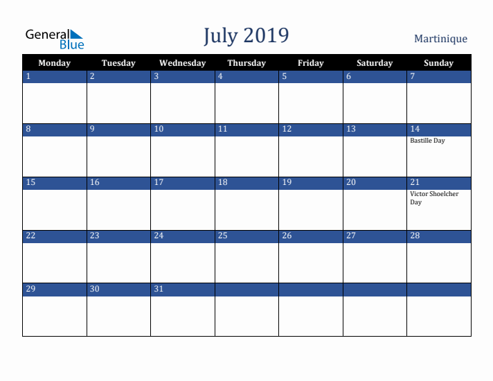July 2019 Martinique Calendar (Monday Start)