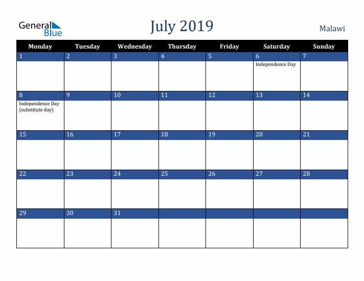 July 2019 Malawi Calendar (Monday Start)