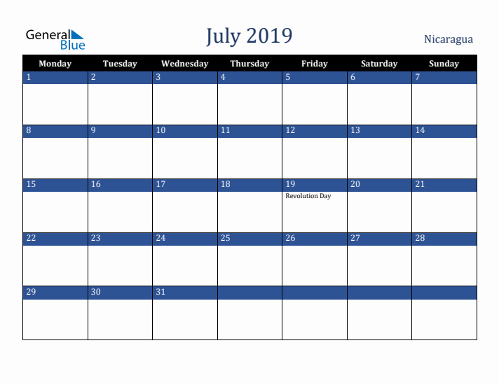 July 2019 Nicaragua Calendar (Monday Start)