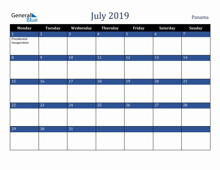 July 2019 Panama Calendar (Monday Start)