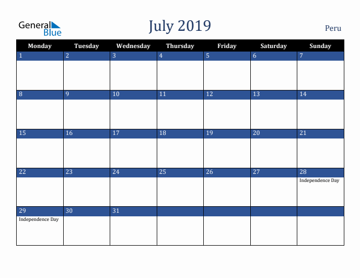 July 2019 Peru Calendar (Monday Start)