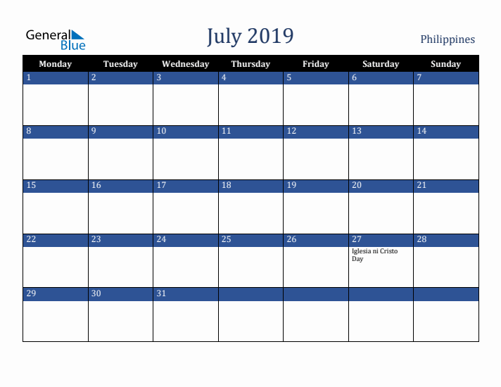 July 2019 Philippines Calendar (Monday Start)