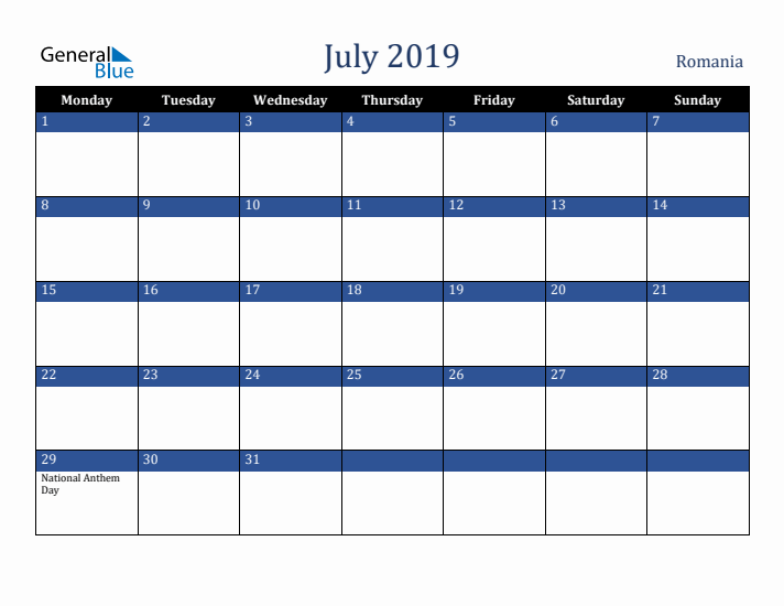 July 2019 Romania Calendar (Monday Start)