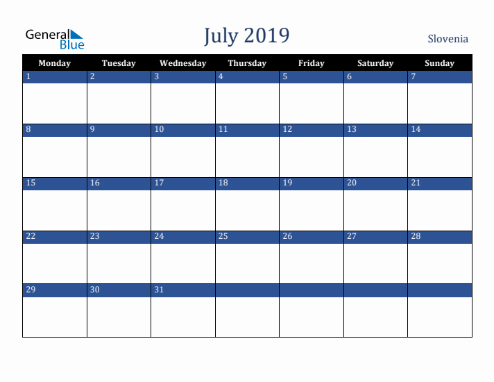 July 2019 Slovenia Calendar (Monday Start)