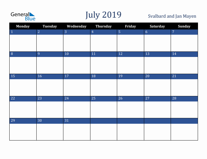 July 2019 Svalbard and Jan Mayen Calendar (Monday Start)