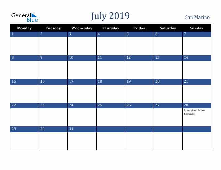 July 2019 San Marino Calendar (Monday Start)
